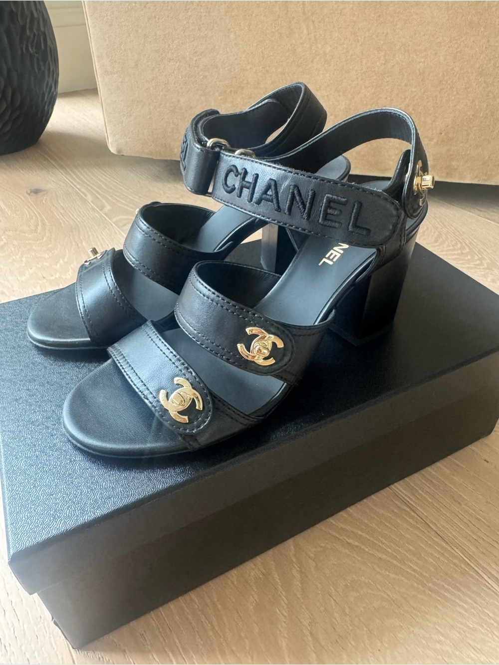 CHANEL Black Leather Block Heel Sandals with Gold CC Logos